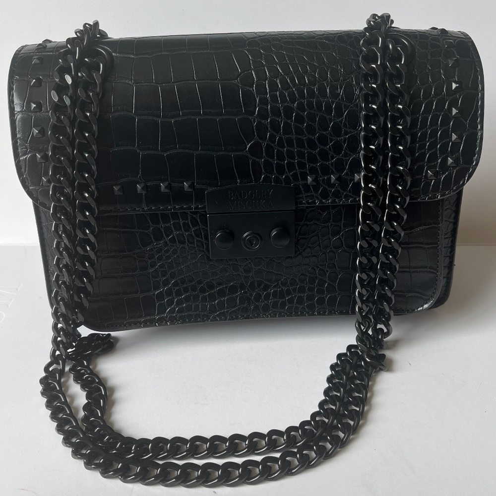 Badgley mischka Belle Studded Biker Reptile Crossbody Chain Shoulder Bag Purse